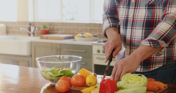 Hombre Maduro Cortando Verduras Cocina Casa — Vídeo de stock