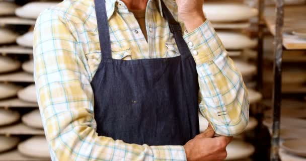 Confident Male Potter Standing Pottery Workshop — Stock Video