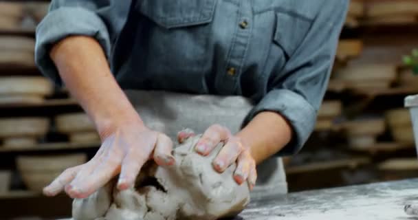 Section Médiane Potier Femelle Moulant Une Argile Dans Atelier Poterie — Video