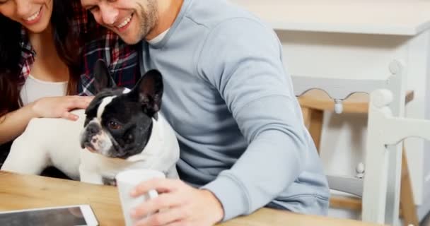 Pasangan Bahagia Bermain Dengan Anjing Pug Dapur — Stok Video