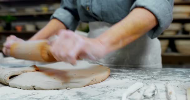 めん棒で で粘土を平坦化女性陶工の半ばセクション — ストック動画