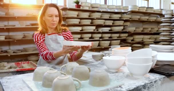 Kobiece Potter Sprawdzanie Wytwarzanie Produktu Garncarni — Wideo stockowe