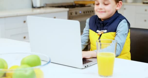 Menino Usando Laptop Cozinha Casa — Vídeo de Stock