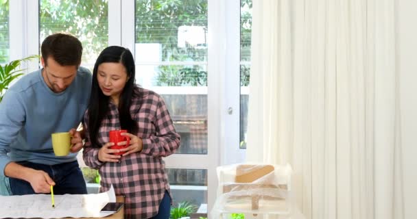 Glückliches Schwangere Paar Sucht Blaupause Für Sein Neues Haus — Stockvideo