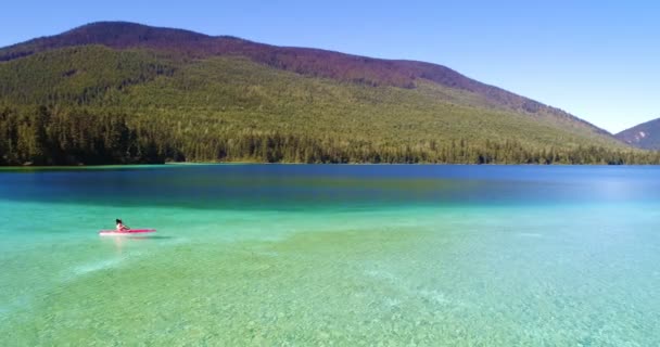 Aerial View Woman Kayaking Alone Lake — Stock Video