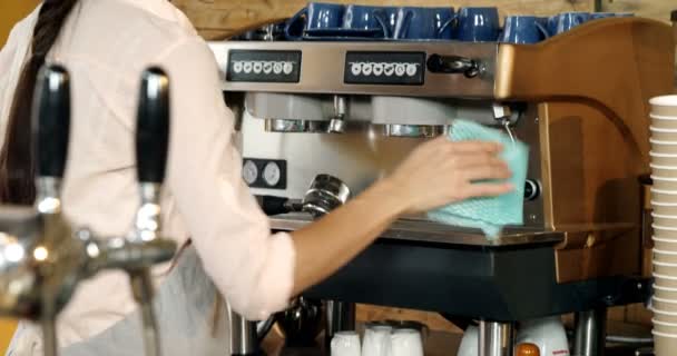 Portrait Waitress Cleaning Coffee Machine Cafe — Stock Video