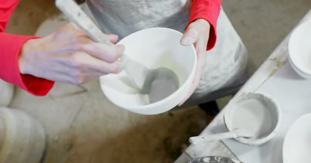 High Angle View Female Potter Painting Bowl Pottery Workshop — Stock Video