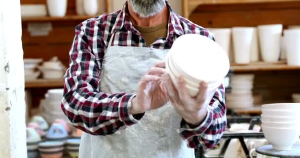 Manliga Potter Kontrollera Keramikskål Keramik Verkstad — Stockvideo
