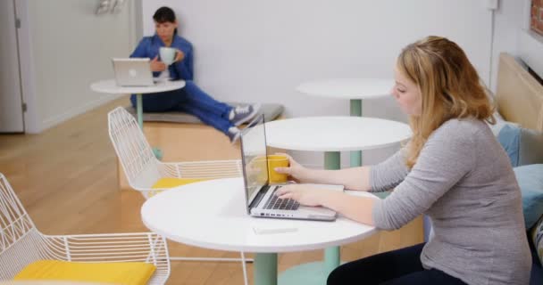 Female Executive Using Laptop While Having Drink Office — Stock Video