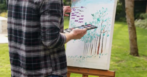 Volwassen Man Schilderij Doek Tuin — Stockvideo