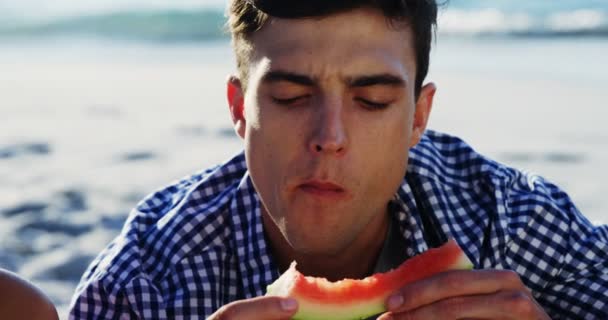 Close Man Having Watermelon Beach — Stock Video