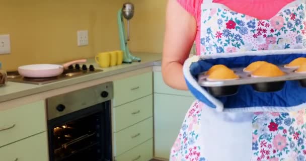 Waitress Taking Out Muffins Oven Cafe — Stock Video