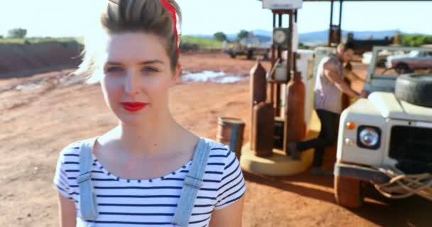 Portrait Woman Standing Car Petrol Pump — Stock Video