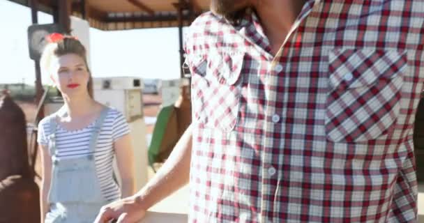 Couple Interacting Each Other Car Petrol Pump — Stock Video