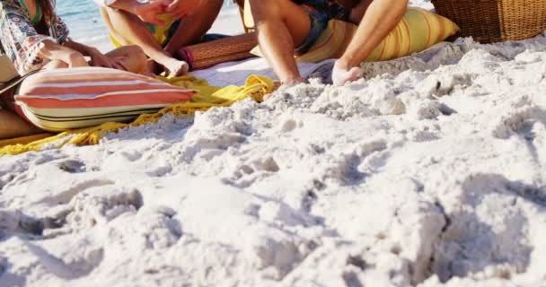 Jongeman Gitaarspelen Voor Vrienden Zittend Het Strand Een Zonnige Dag — Stockvideo