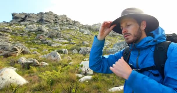 Mann Wandert Mit Rucksack Der Natur Einem Sonnigen Tag — Stockvideo
