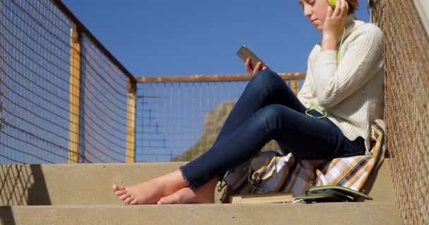 Girl Taking Selfie Mobile Phone Beach Sunny Day — Stock Video