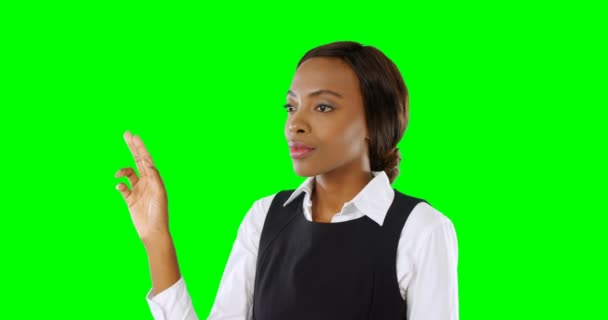 Woman Pretending Use Invisible Screen Green Screen — Stock Video