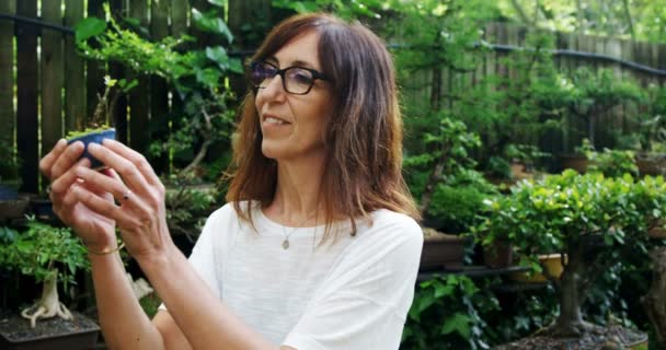 Rijpe Vrouw Aanplant Tuin Een Zonnige Dag — Stockvideo