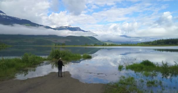 の田園地帯の湖の近くに立っている成熟した女性の空撮 — ストック動画