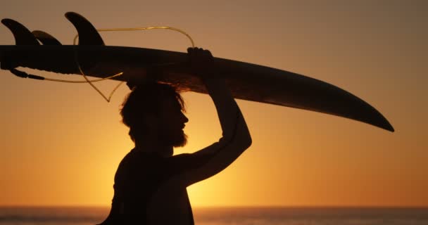 Silueta Hombre Sosteniendo Tabla Surf Playa — Vídeo de stock