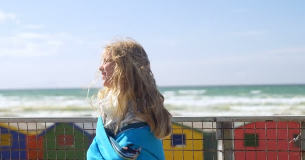 Блудниці Стоять Рушниками Біля Пляжу Сонячний День — стокове відео