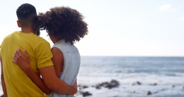 Ζευγάρι Που Αλληλεπιδρούν Μεταξύ Τους Στην Παραλία Μια Ηλιόλουστη Ημέρα — Αρχείο Βίντεο