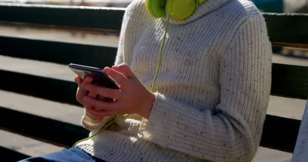 Εφηβικό Κορίτσι Που Χρησιμοποιούν Κινητό Τηλέφωνο Στην Παραλία Μια Ηλιόλουστη — Αρχείο Βίντεο