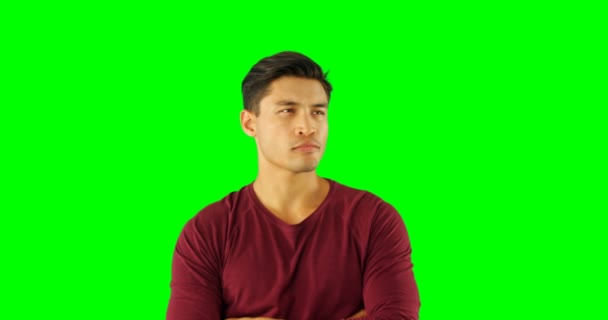 Man Pretending Use Invisible Screen Green Screen — Stock Video