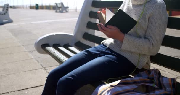 Menina Ouvir Música Enquanto Livro Praia Dia Ensolarado — Vídeo de Stock