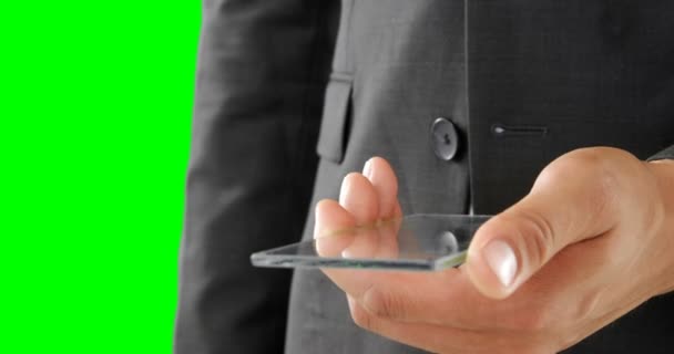 Businessman Using Glass Mobile Phone Green Screen — Stock Video