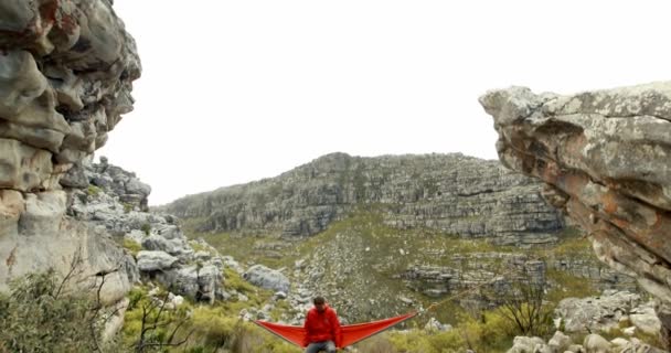 Männlicher Wanderer Entspannt Sich Hängematte Auf Dem Land — Stockvideo