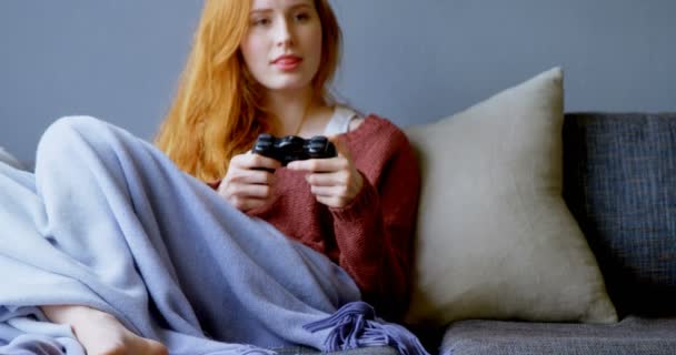 Woman Playing Video Games Living Room Home — Stock Video