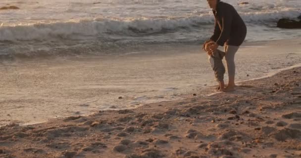 Мать Мальчик Играют Пляже Время Заката — стоковое видео