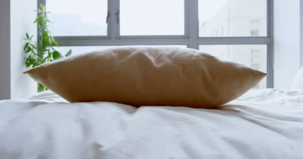 ホームの で寝室で枕を保持している女性 — ストック動画
