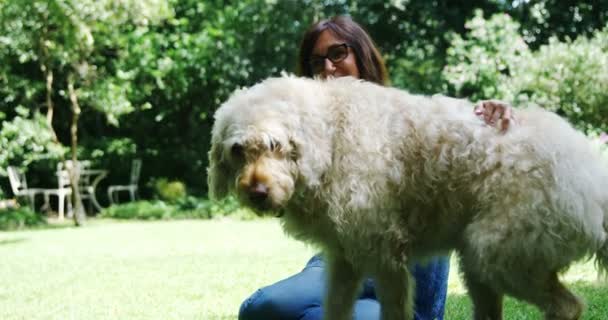 Donna Matura Accarezzare Suo Cane Giardino Una Giornata Sole — Video Stock