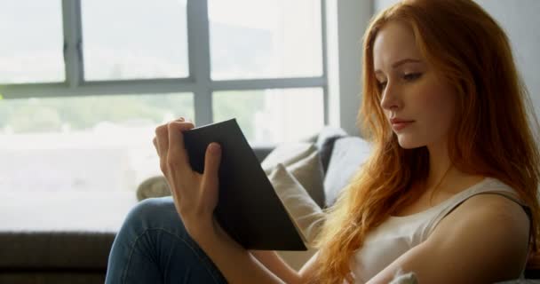 在家里读一本书的妇女在客厅4K — 图库视频影像