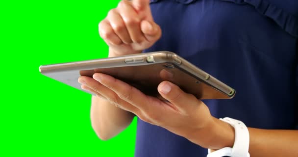 Mid Section Woman Using Digital Tablet Green Screen — Stock Video