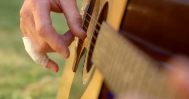 Close Homem Tocando Guitarra Jardim — Vídeo de Stock