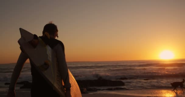 Silueta Hombre Caminando Con Tabla Surf Playa — Vídeos de Stock