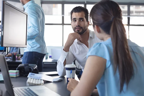 Rear View Asian Female Business Creative Sitting Desk Talking Mixed — Stock Photo, Image