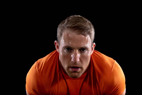 Portrait Close Muscular Caucasian Man Wearing Sports Clothes Leaning Forward — Stock Photo, Image