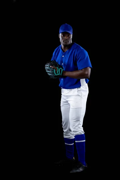 Front View African American Male Baseball Player Pitcher Fielder Wearing — Stock Photo, Image