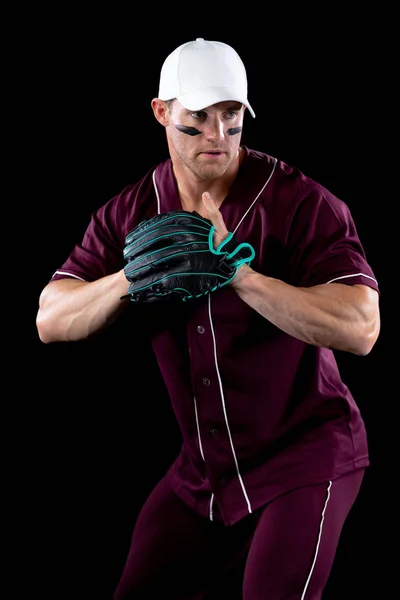 Vista Frontal Jugador Béisbol Caucásico Lanzador Con Uniforme Equipo Gorra —  Fotos de Stock