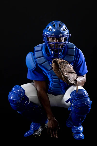 Přední Pohled Afroamerického Hráče Baseballu Chytače Týmové Uniformě Ochranném Oděvu — Stock fotografie