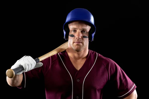 Retrato Cerca Jugador Béisbol Caucásico Bateador Con Uniforme Equipo Casco —  Fotos de Stock