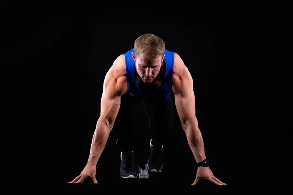 Front View Close Young Muscular Caucasian Male Runner Starting Blocks — Stock Photo, Image