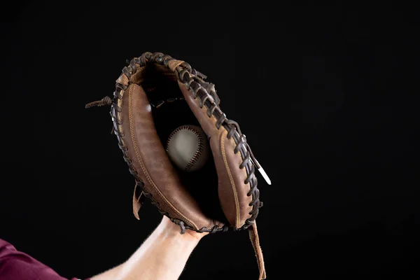 Hand Male Baseball Player Fielder Wearing Mitt Caught Baseball Black — Stock Photo, Image