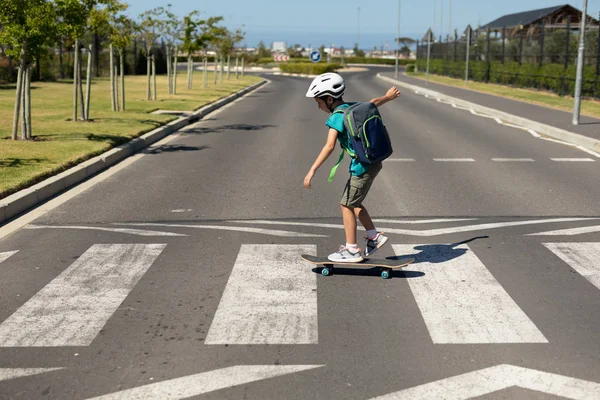 Side View Caucasian School Boy Wearing Cycling Helmet Crossing Road — 스톡 사진