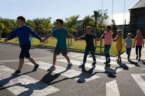Front View Diverse Group Elementary School Pupils Crossing Empty Road — Stock Photo, Image
